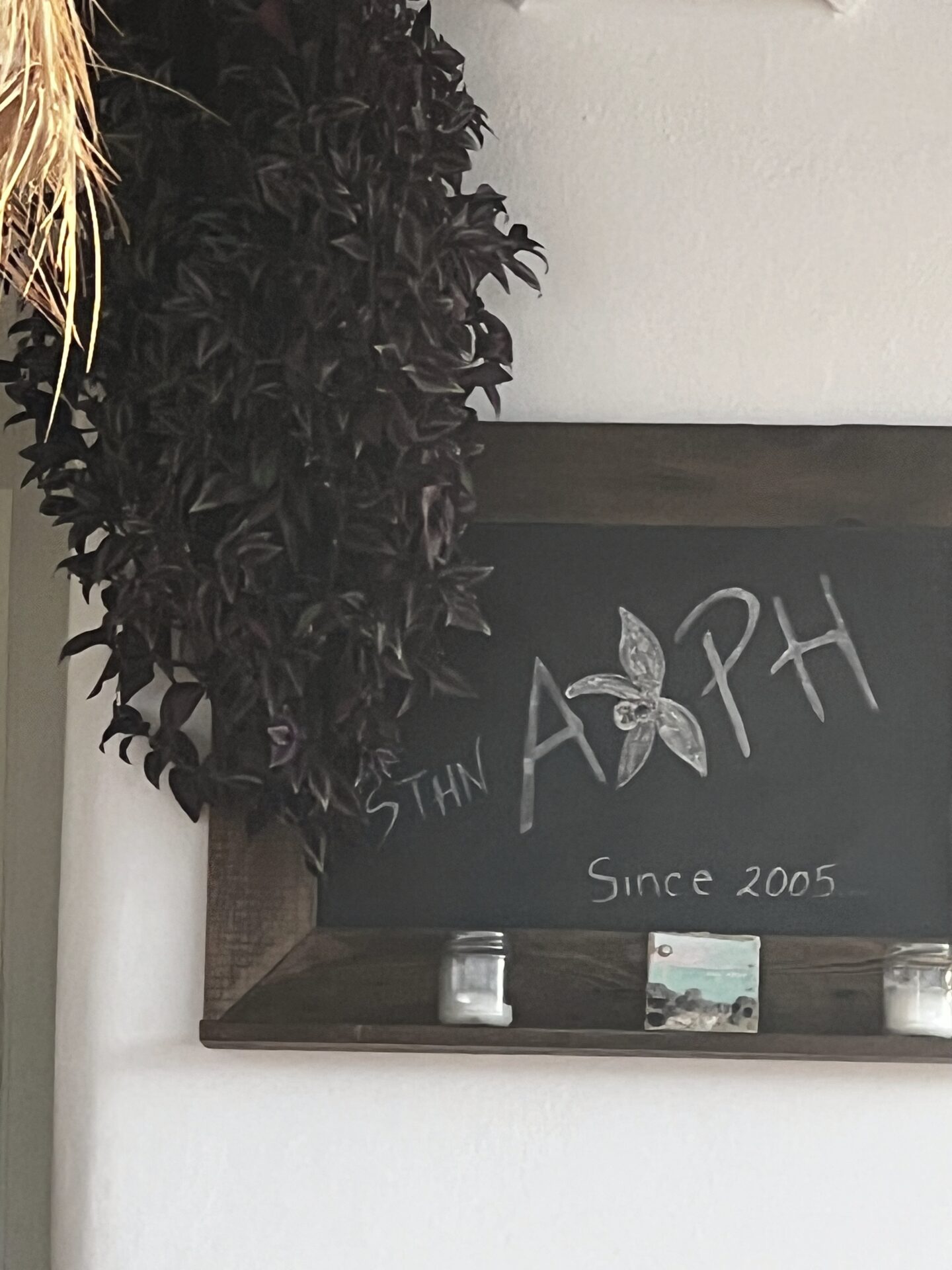 A blackboard with the word 'ARPH' and a butterfly drawing.