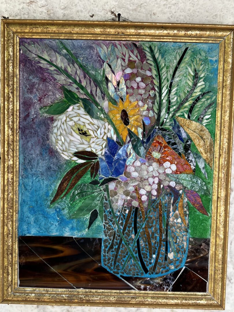 A vibrant floral painting with diverse flowers in a glass vase.