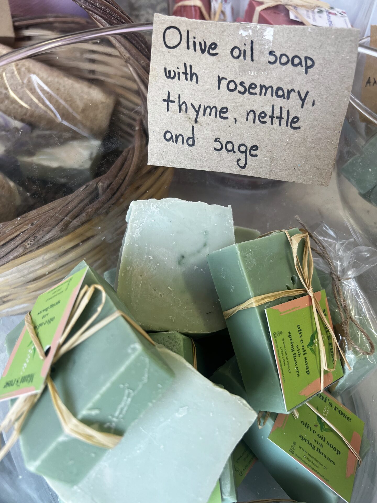 Handmade soaps with rosemary, thyme, nettle, and sage.