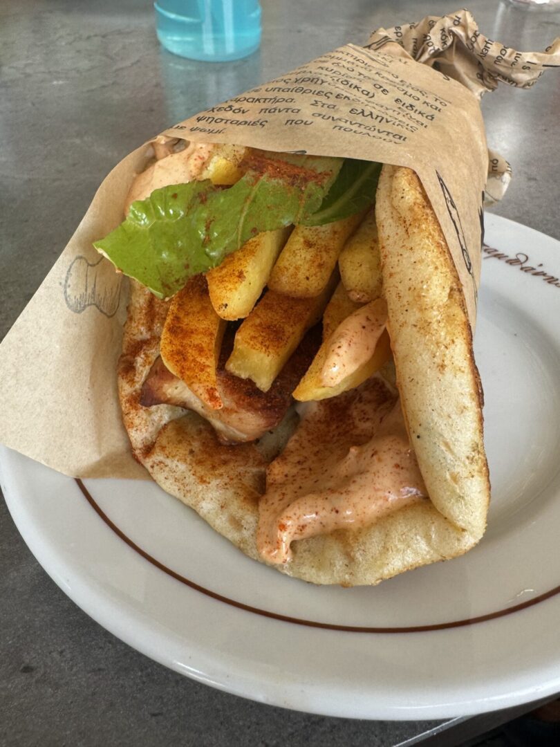 Grilled chicken pita wrap with lettuce and fries.