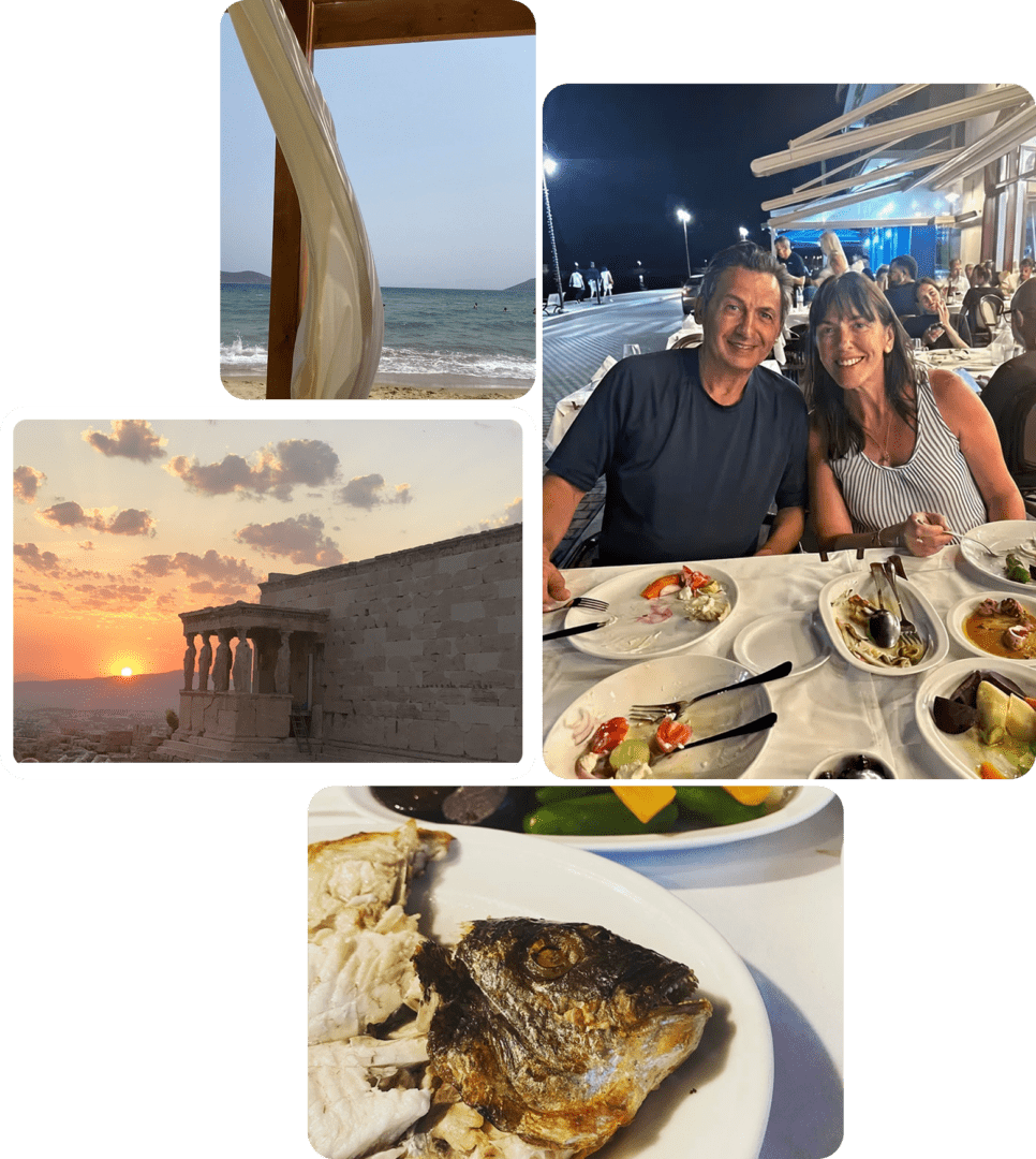 A lively dinner with seafood and sunset beach views.