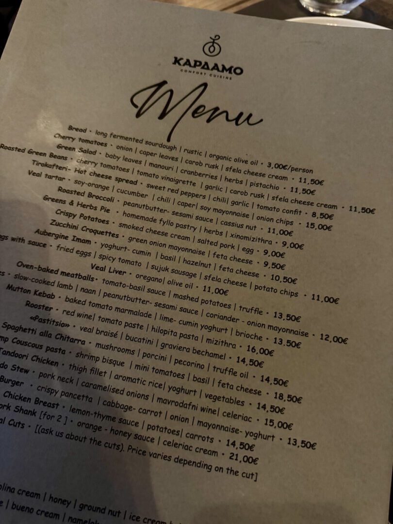 A restaurant menu featuring various dishes with prices in dollars.