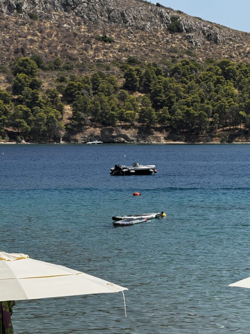 Two boats floating on calm blue water near a forested shore.