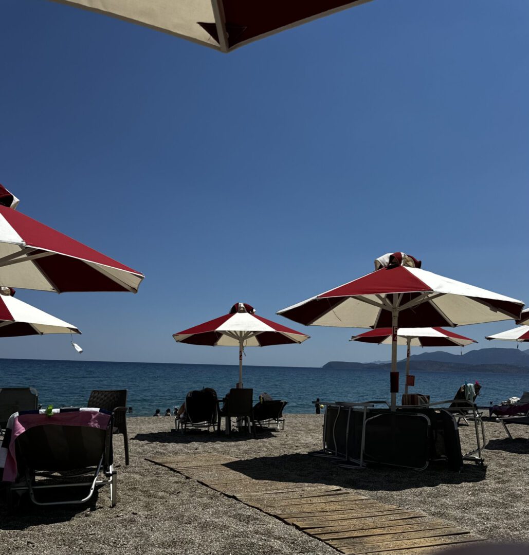Beach umbrellas and chairs under a clear sky by the sea.